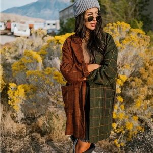 Dressed in Lala Half & Half Oversized Coat spliced shacket upcycle plaid trend